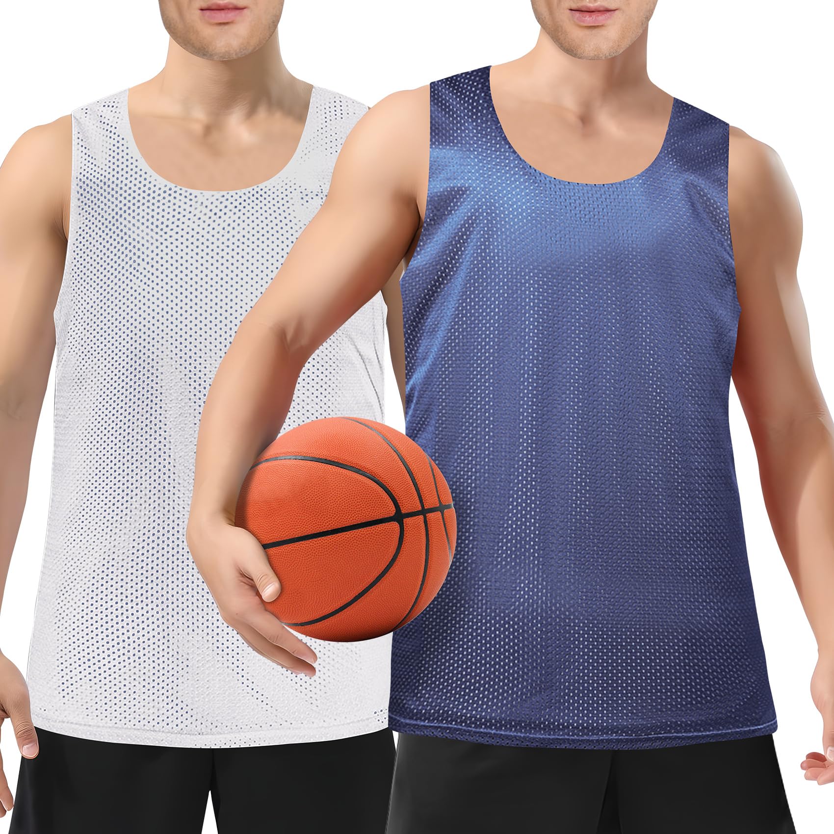 JOKHOO Reversible Men's Mesh Athletic Basketball Jersey Single for Team Scrimmage (Navy/White,Large)