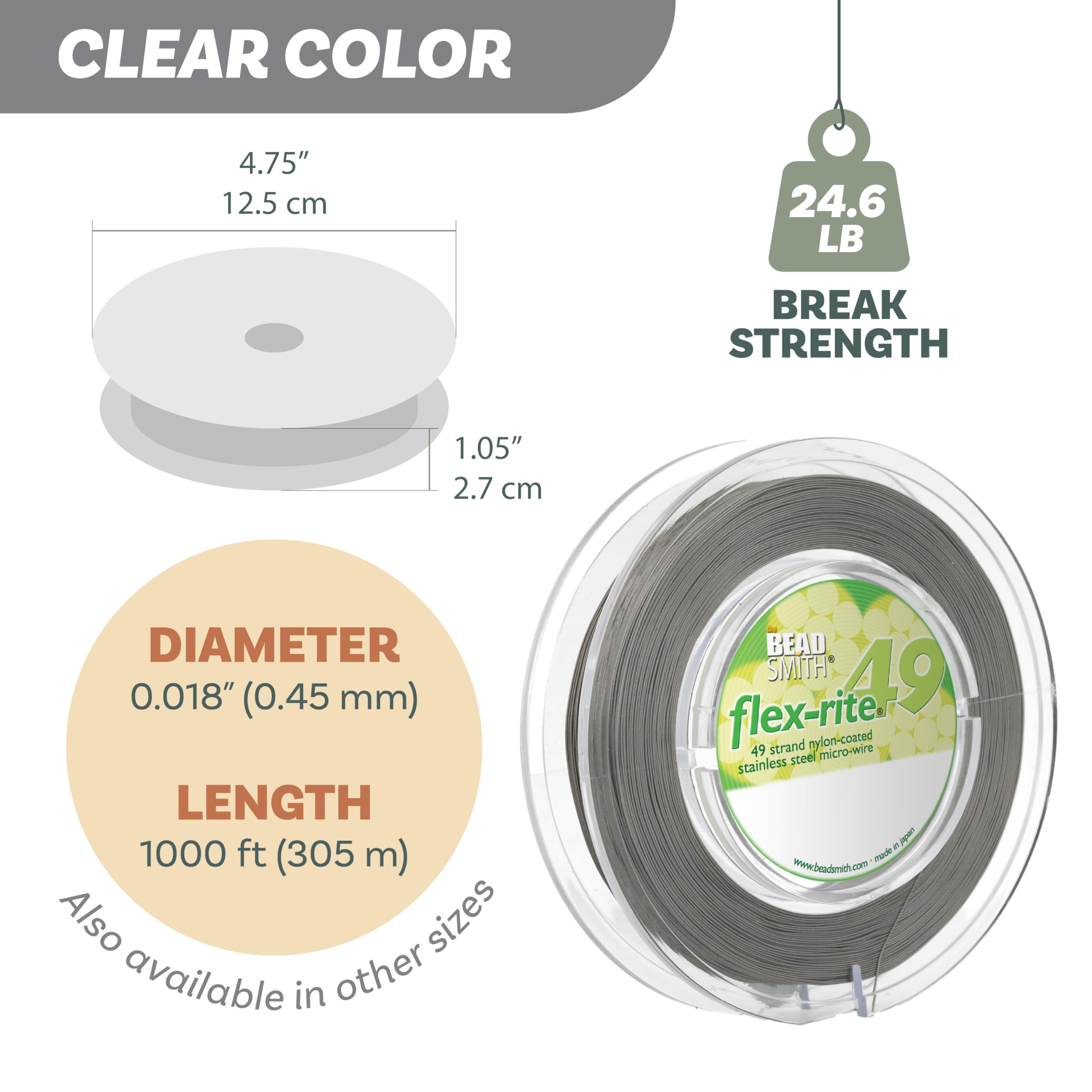 The Beadsmith Alambre para bisutería Flex-Rite - Alambre de acero inoxidable recubierto de nailon de 49 hebras, 0,018" (0,45 mm) de diámetro, transparente, carrete de 1000 pies