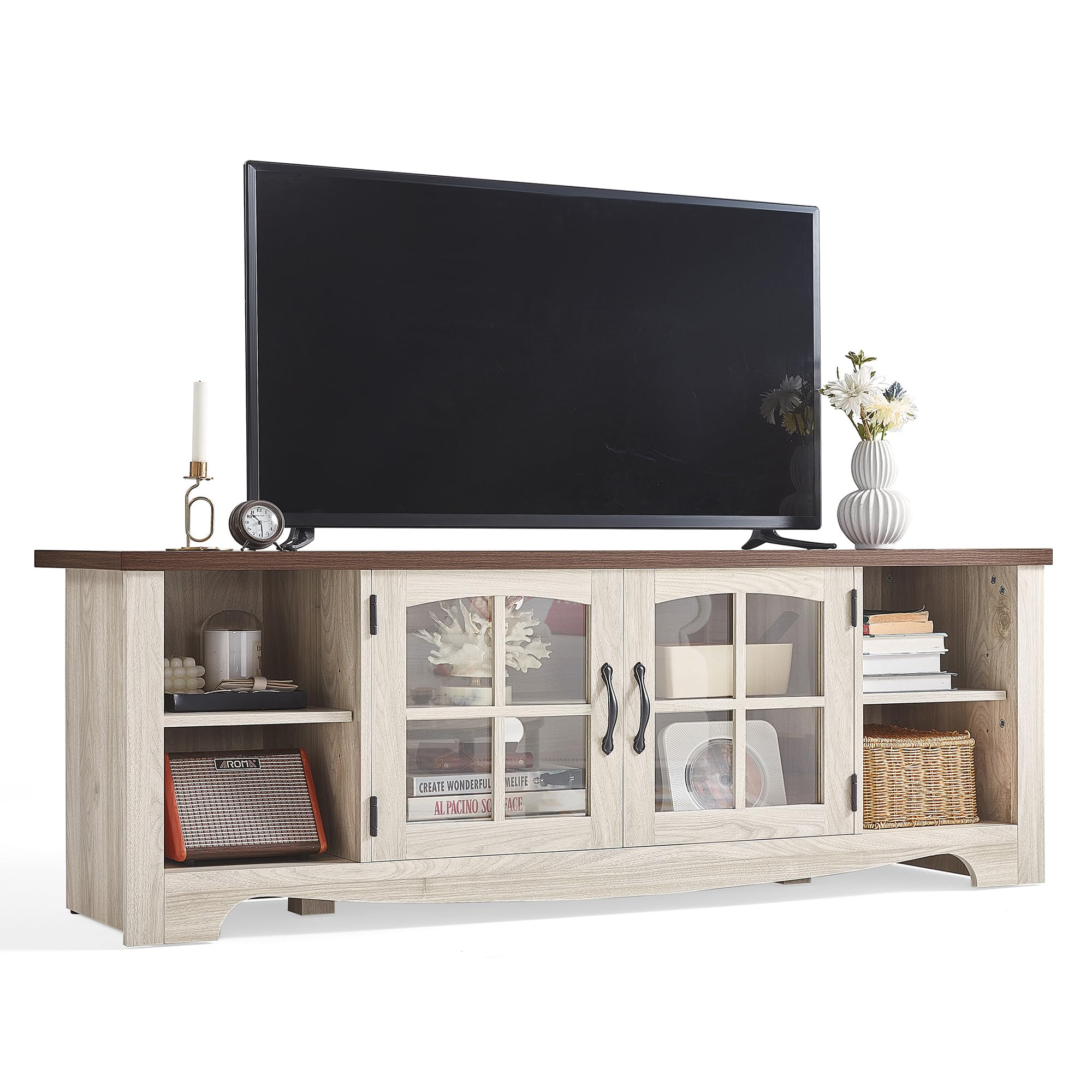 LINSY HOME 66-inch Farmhouse TV Stand in a living room setting with a TV on top.