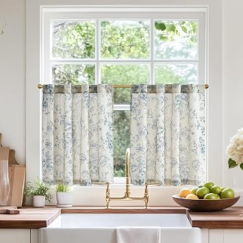 jinchan Linen Floral Tier Curtains 24 Inch Farmhouse Botanic Cafe Curtains Light Filtering Drapes for Small Windows Back Tab Half Window for Kitchen Living Room Bathroom 2 Panels Blue