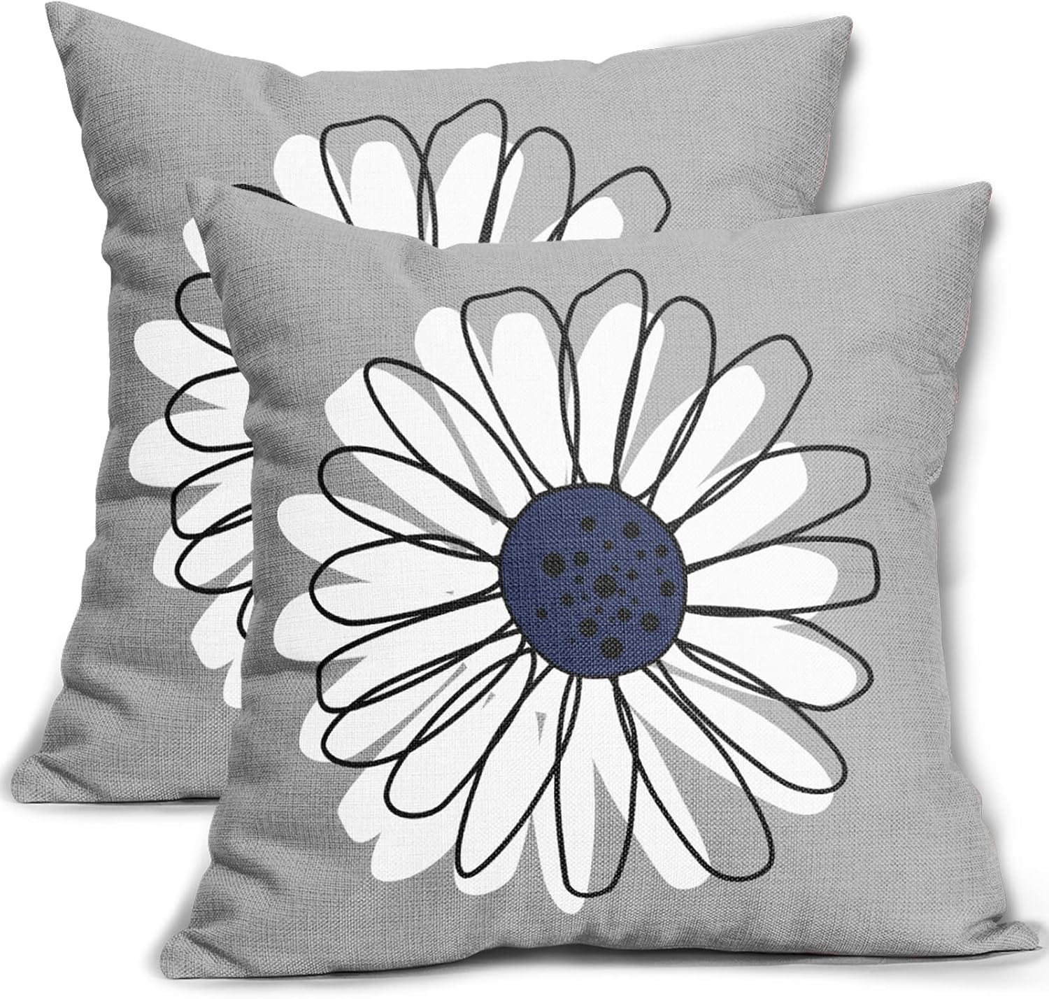 Navy Blue White Daisy Pillow Covers 18x18 Set of 2 Spring Summer Gray Grey Colored Decorative Throw Pillows Outdoor Modern Art Flower Pillowcase Square Linen Cushion Case for Home Sofa Couch Bed