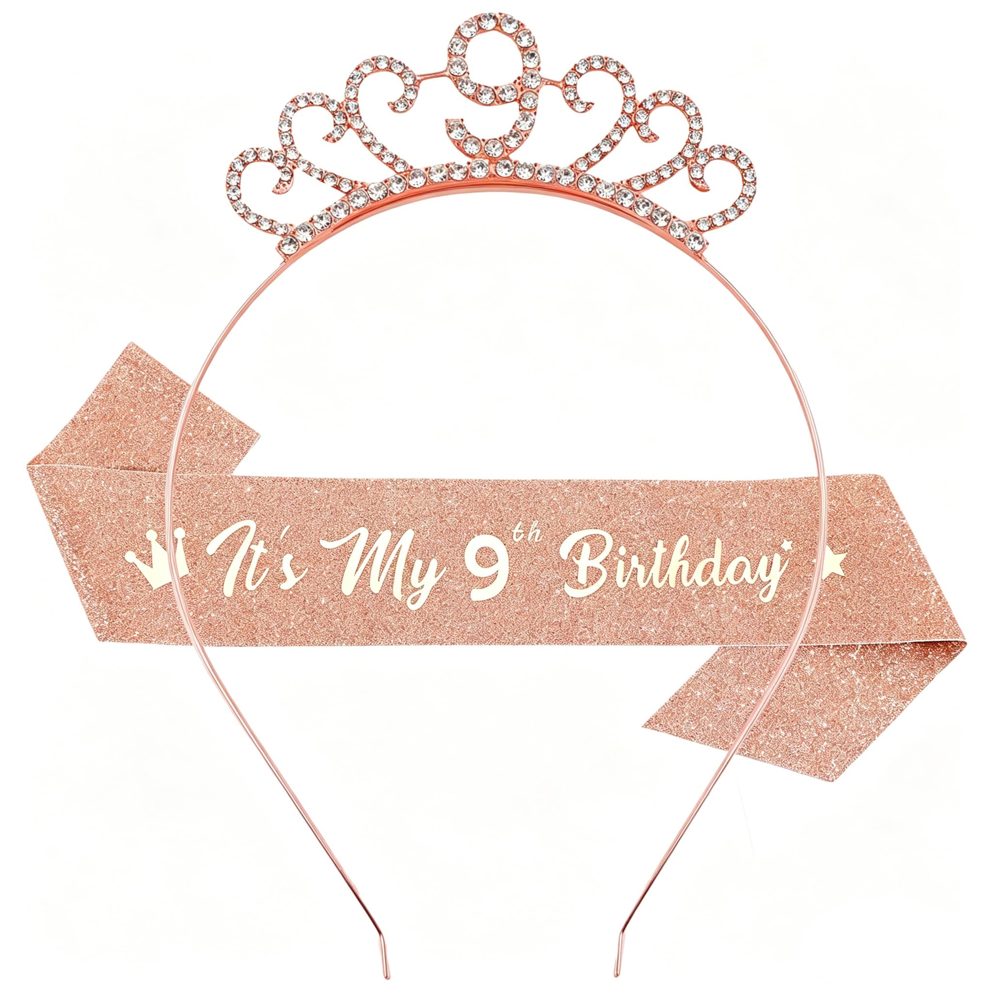 WeveriColle 9th Birthday Sash and Crown Tiara Headband for Girls 9th Birthday Decorations 9th Birthday Gifts for Girl Party Accessory Rose Gold