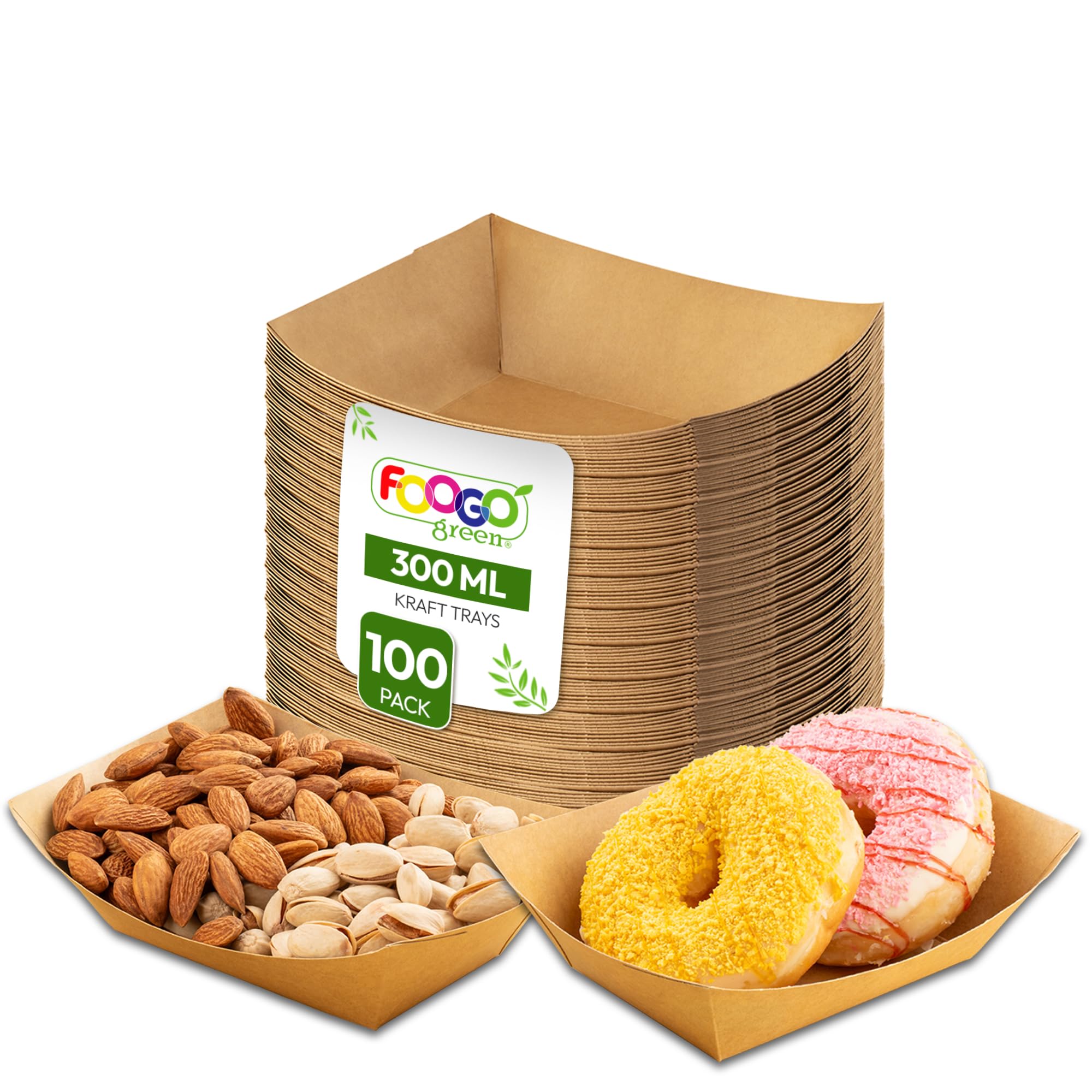 FOOGO Green 50pcs Barquettes Alimentaires Jetables en Carton 300ml, Plateau Jetable Écologique 16,3x13x4cm, Boîte Carton Alimentaire Résistante Eau/Huile, Snack Box Emporter, Bols Jetables Fête