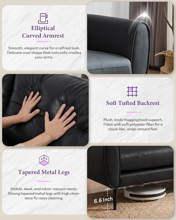 TYBOATLE Sofa Couch 61 Small Loveseat Couches for Living Room, Black Faux Leather Couch Mid Century Modern Tufted Mini Sofa Comfy Office 2 Seat Settee Love Seat Couches for Small Spaces Bedroom