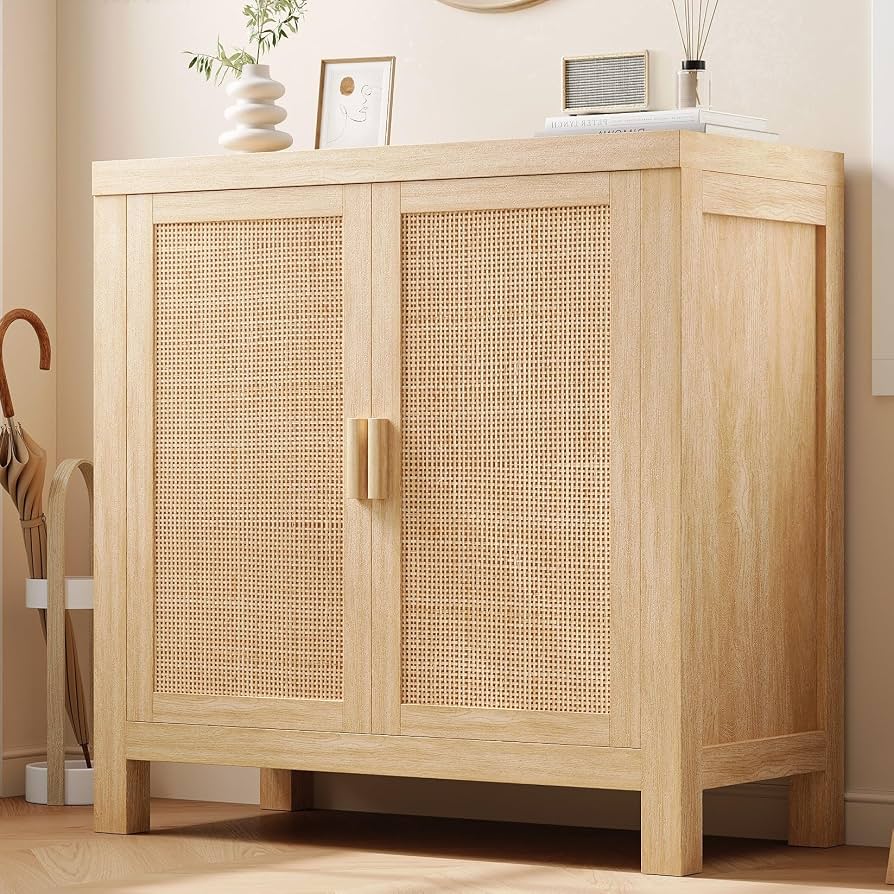 2 Doors Rattan Storage Cabinet, Buffet Cabinet with Shelves, Multifunctional Cupboard for Entryway Living Room, Kitchen, Buffet Table, Sideboard (Set of 1)