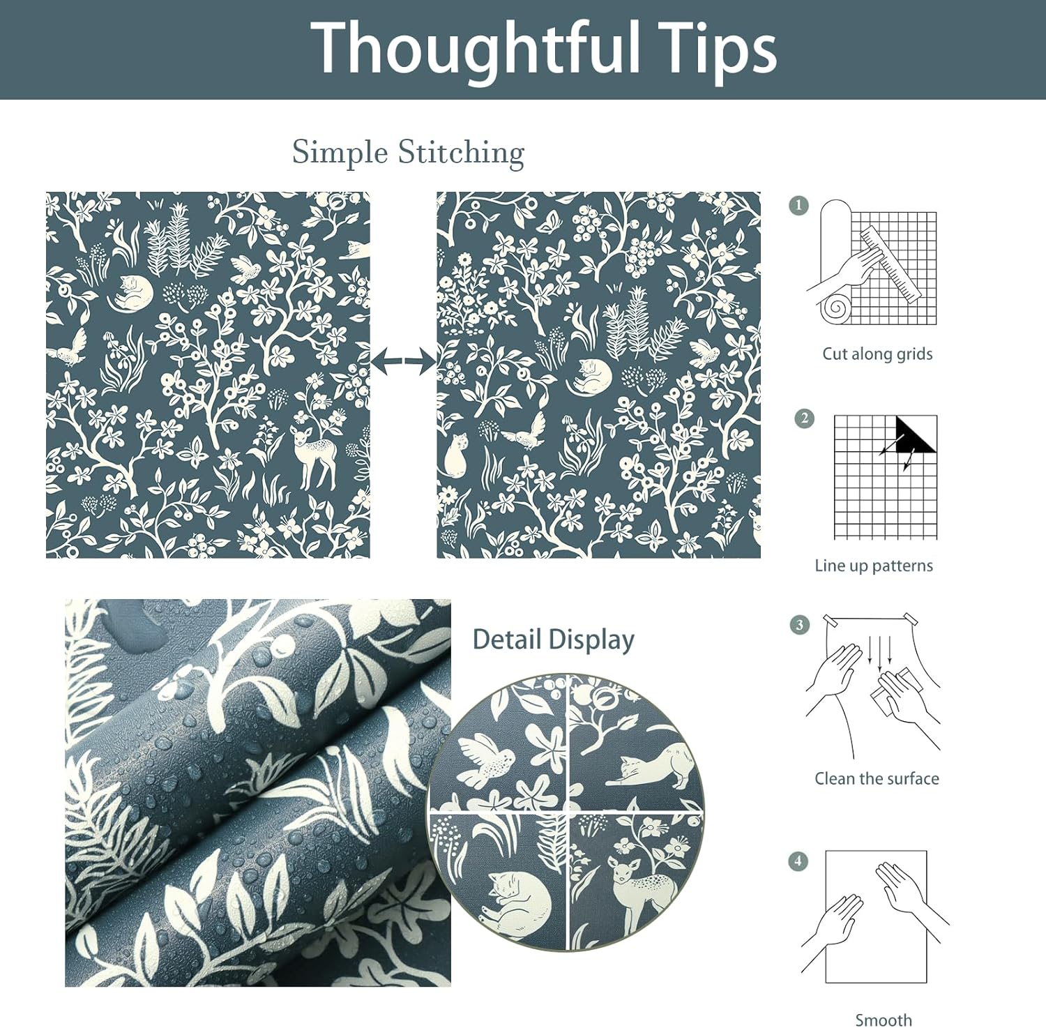HeloHo Peel and Stick Wallpaper Dark Blue Floral Contact Paper Boho Self Adhesive Removable Wall Paper Cats/Birds/Trees Waterproof Decoration Wallpaper for Bedroom Cabinets 16.1" X 394"