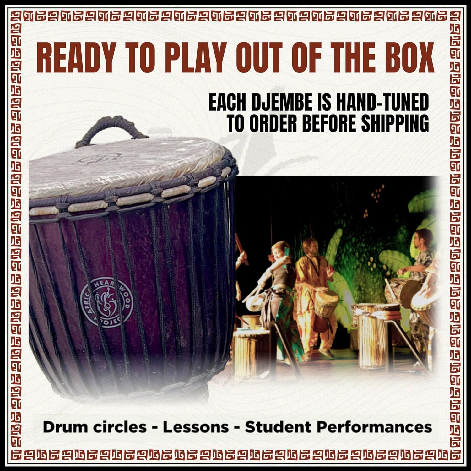 Africa Heartwood Project Hand-Carved Djembe Drum from Ghana - 11"x22" Authentic African Drum Circle Village Djembe - Solid Wood & Natural Goat Skin - Ready to Play Out of the Box Musical Instrument