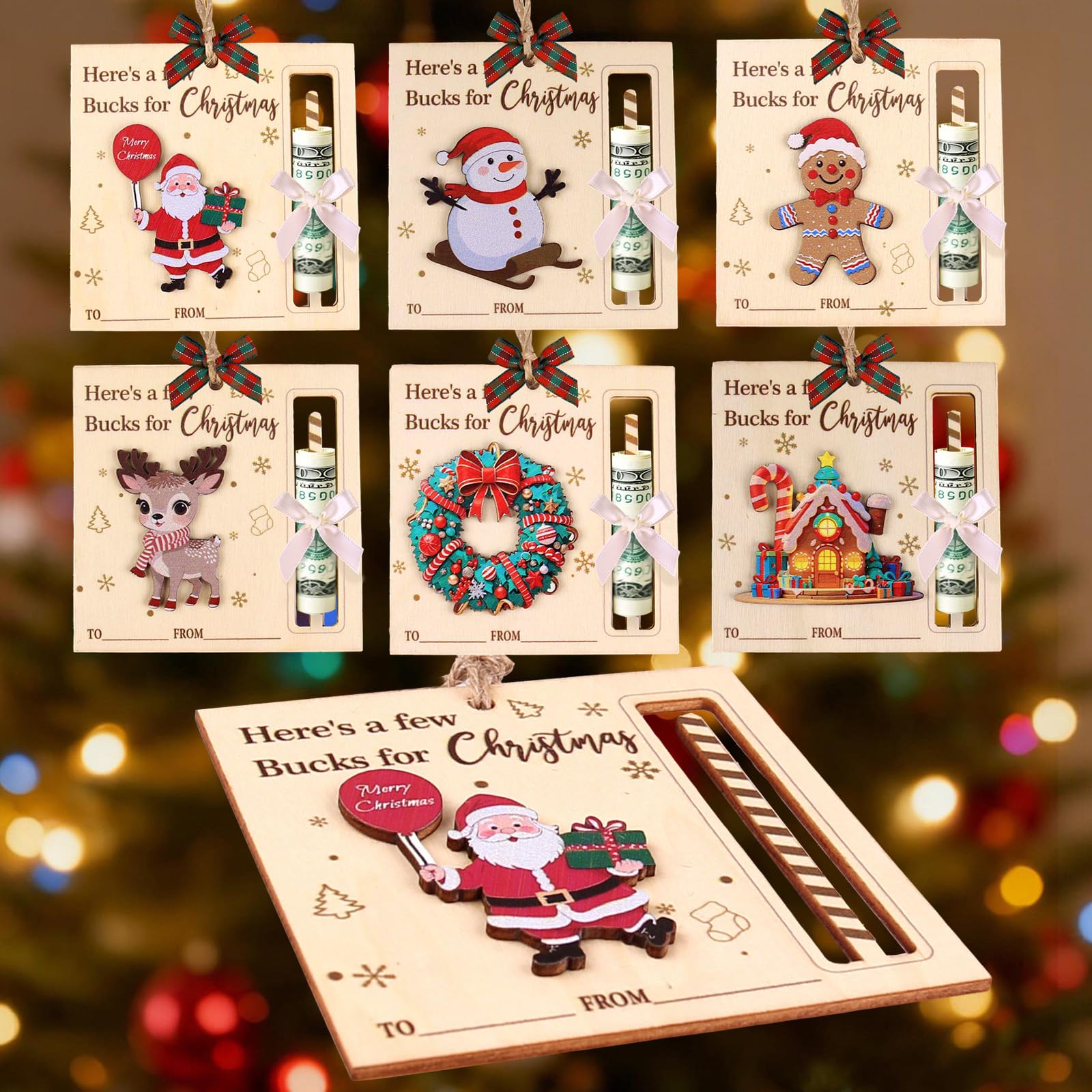 Christmas Money Holders for Cash 6 Pcs Fun Tree Ornaments Unique Xmas Handcrafted Wooden Bruh Holder Christmas Holiday Decorations Creative Ways to