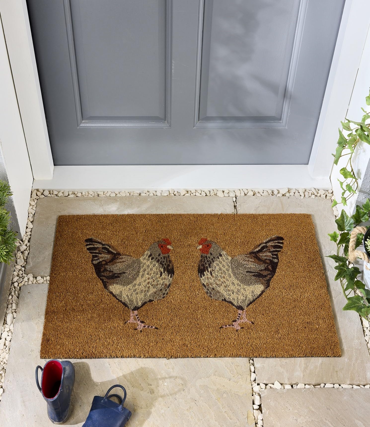 Coir Door Mat for Doorway, Home Entry, Balcony, Garden, Dirt Trapper Entrance Indoor Outdoor Non-Slip Absorbent Welcome Mat Natural Doormat in 45 x 75 cm (Chickens)