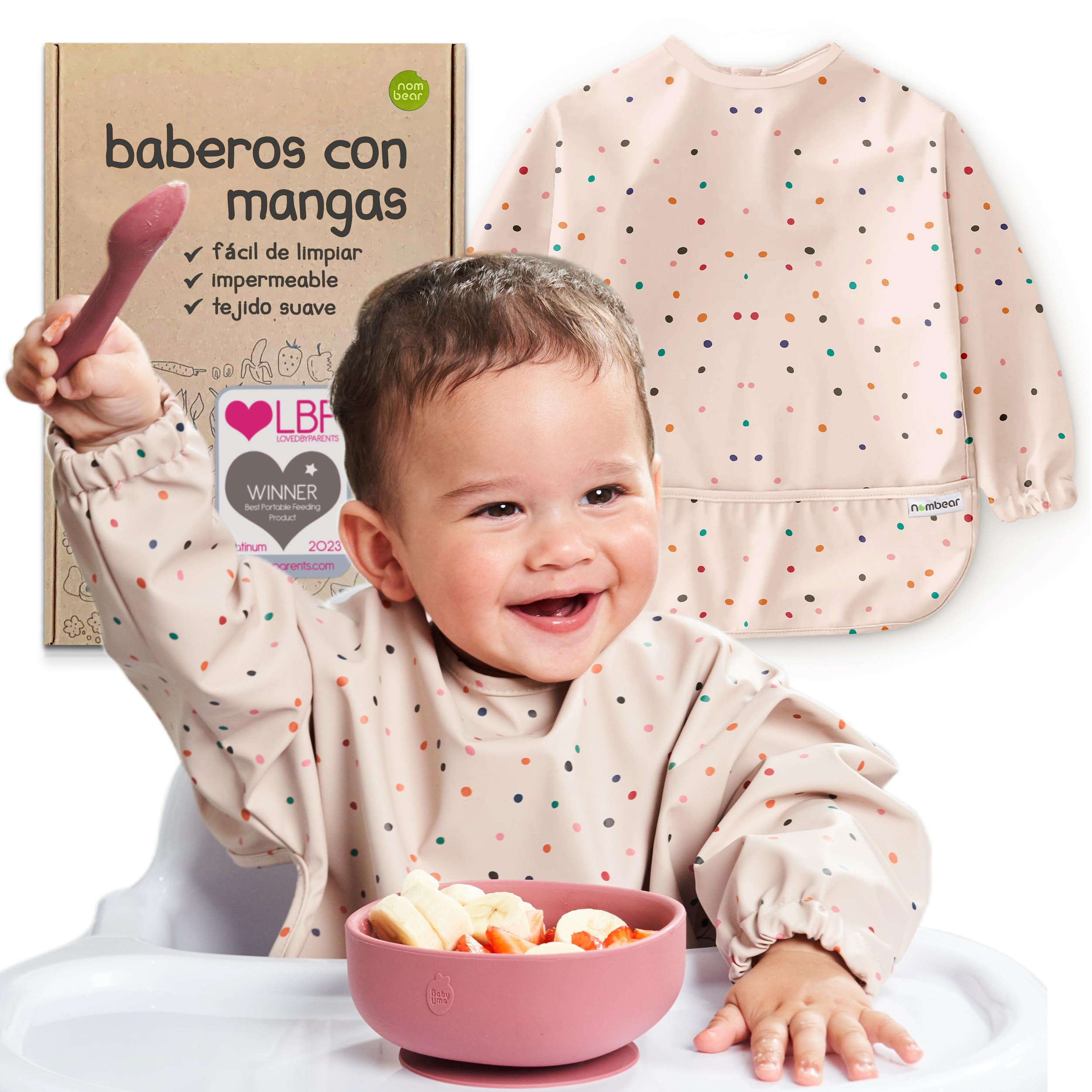 Nombear Baberos Bebé Impermeables con Mangas - Babero con Mangas Impermeable para BLW, desde 6 Meses, Fácil de Limpiar y de Secado Rápido