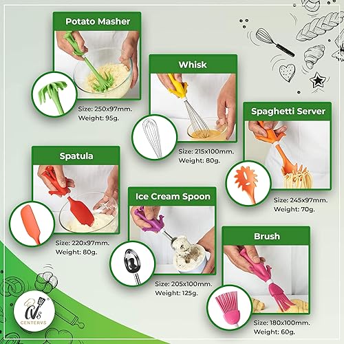 Miniatura 2 de Juego de utensilios de cocina con forma humana, espátula de silicona, triturador de papas, batidor, cuchara de helado, cepillo para untar y tenedor