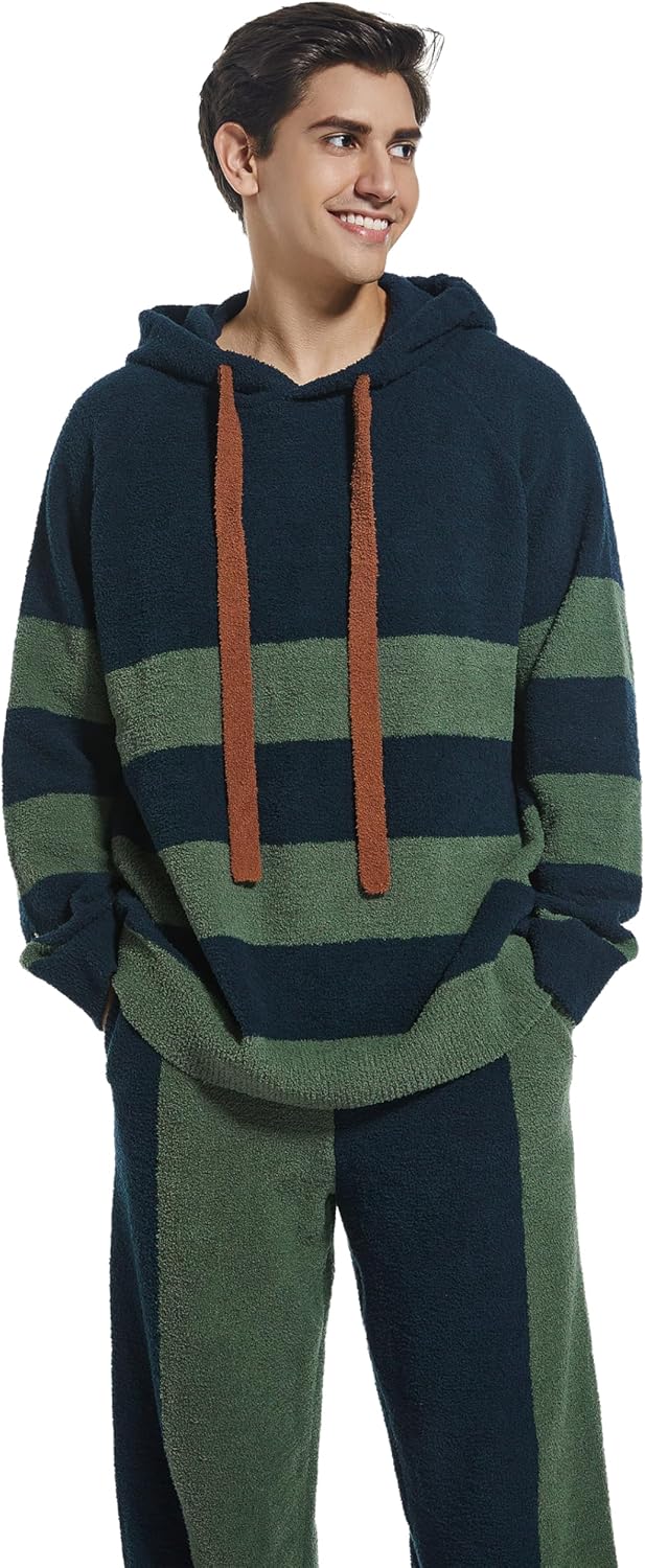 SlumberMee Mens Fleece Plush Pajama Set Ultra Soft Fluffy Warm Pjs Long Sleeve Top & Bottom Knit Winter Sleepwear