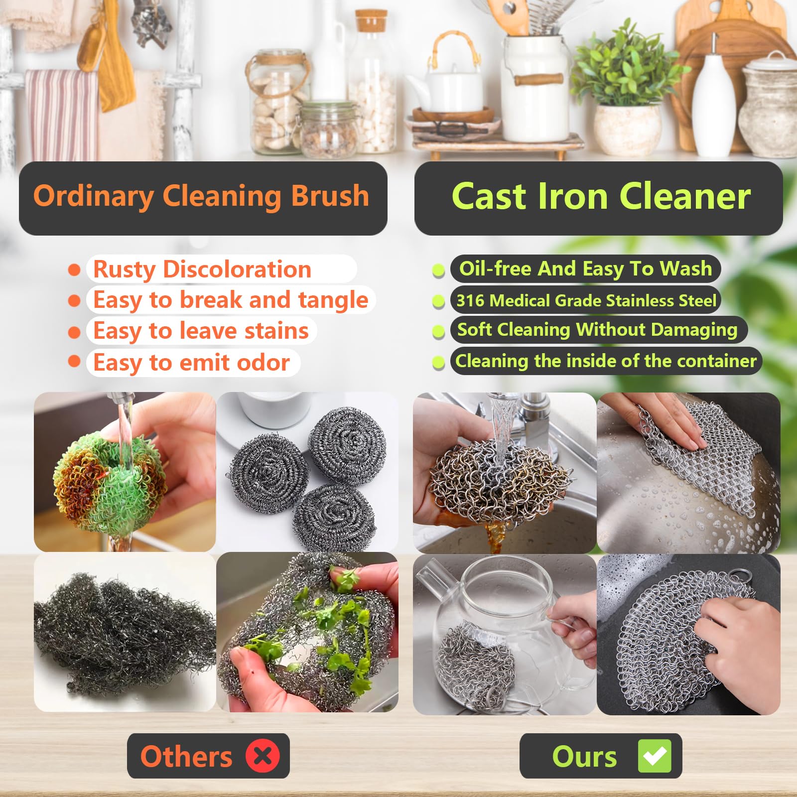 2 pezzi Detergente per Ghisa in Acciaio, Inossidabile Scrubber in Acciaio, Pulitore per pentole in ghisa per forno, padelle, teglie da forno, piatti da portata, bicchieri, padelle in ghisa 10*10 cm