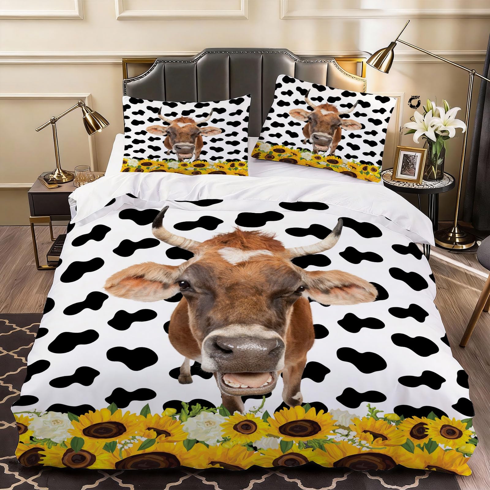 3D Cow Animal Duvet Cover Sunflowers Printed Bedding Double Bed Set, Soft Microfiber Comforter Cover Printed with Zipper Closure Quilt Coverr 200x200 cm and 2 Pillowcases
