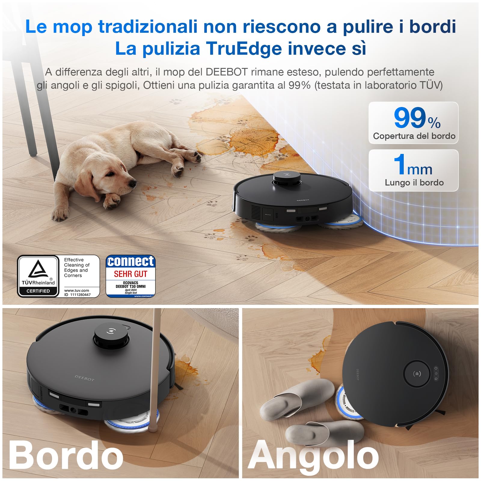ECOVACS DEEBOT T30 Omni Robot aspirapolvere con funzione di pulizia, Mini Station aspirapolvere robot, aspirazione 11.000 PA, pulizia adattiva dei bordi con tecnologia TruEdge™ Mopping Technolgie,