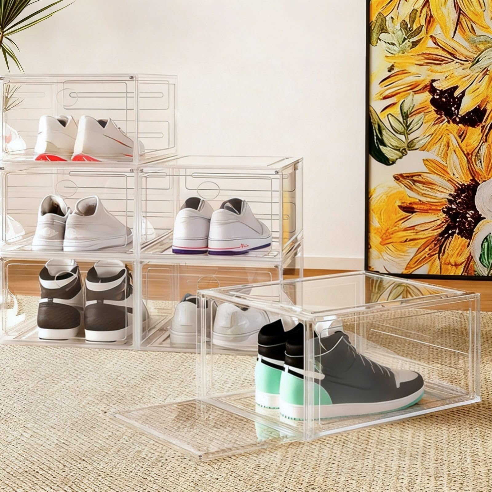 Generisch Schuhregal mit 12 Stapelbaren Schuhboxen Transparente Stapelbare Platzsparender Schuhorganizer Organisieren Hartplastik Schuhkartonmit Magnetverschluss Steckregal(White,12 pack)