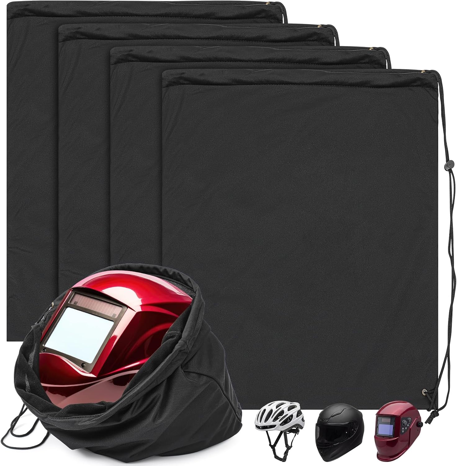 Motorcycle Helmet Bags, Welding Hood Bag with Drawstring Locking, Large Lightweight Microfiber for Motorcycle Sports Riding Travel Bicycle Snowmobile Helmet Storage(Black,4 Pcs)