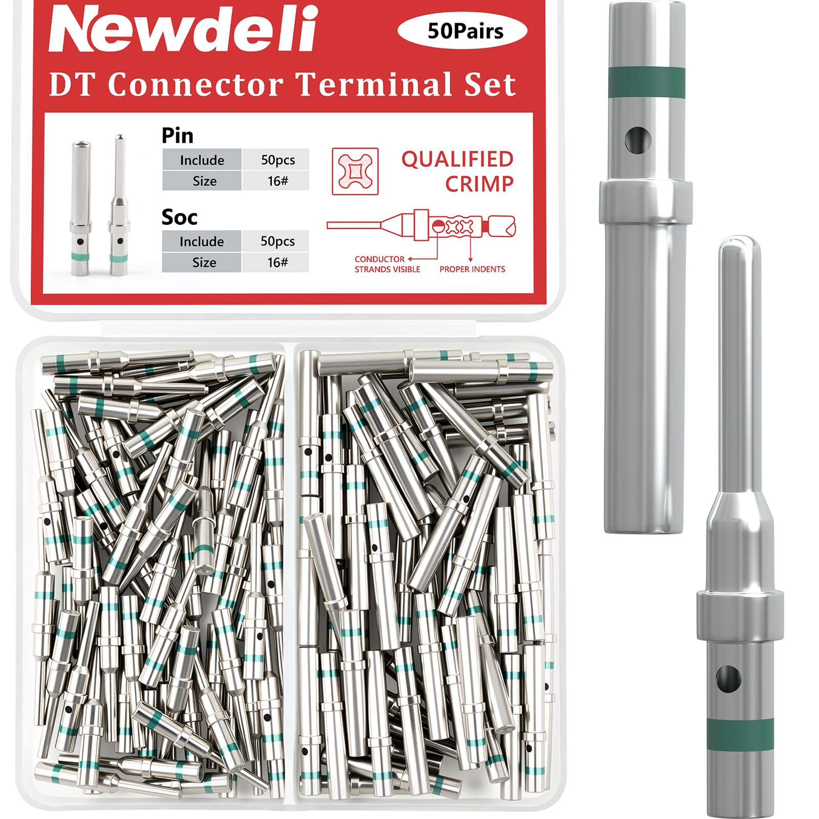 Newdeli 50 Pairs Deutsch Pin Connector Kit Size 16 Solid Contacts DT Series Connector, Common Contacts Automotive Terminals, Ni Plating Pin and Socket Contacts, 14-20AWG Wire Size