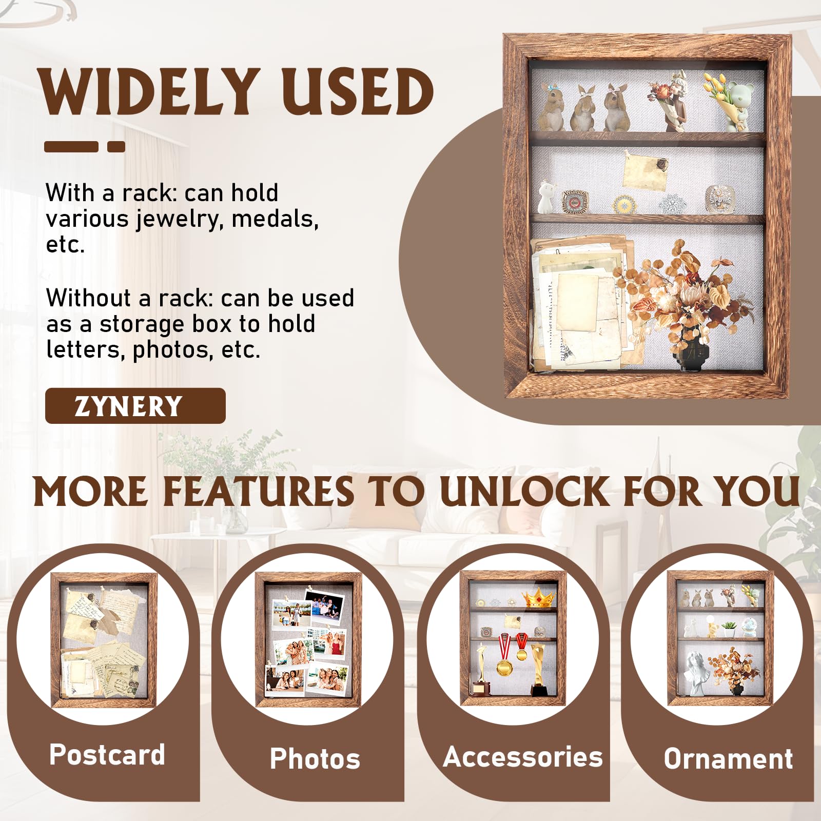 Shadow Box 14 x 11 brązowe ramki na zdjęcia z oświetleniem LED, pudełka na pamiątki z 4 wyjmowanymi półkami na drobiazgi, na rocznicę, ślub, dla absolwentów dziecka, pamiątka, zbieraj głęboki brąz