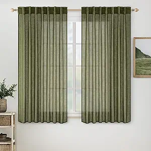 MIULEE Light Olive Green Linen Curtains 63 Inch Length 2 Panels for Bedroom Living Room, Soft Linen Textured Natural Kitchen Window Drapes Semi Sheer Light Filtering Back Tab Rod Pocket Burlap Look