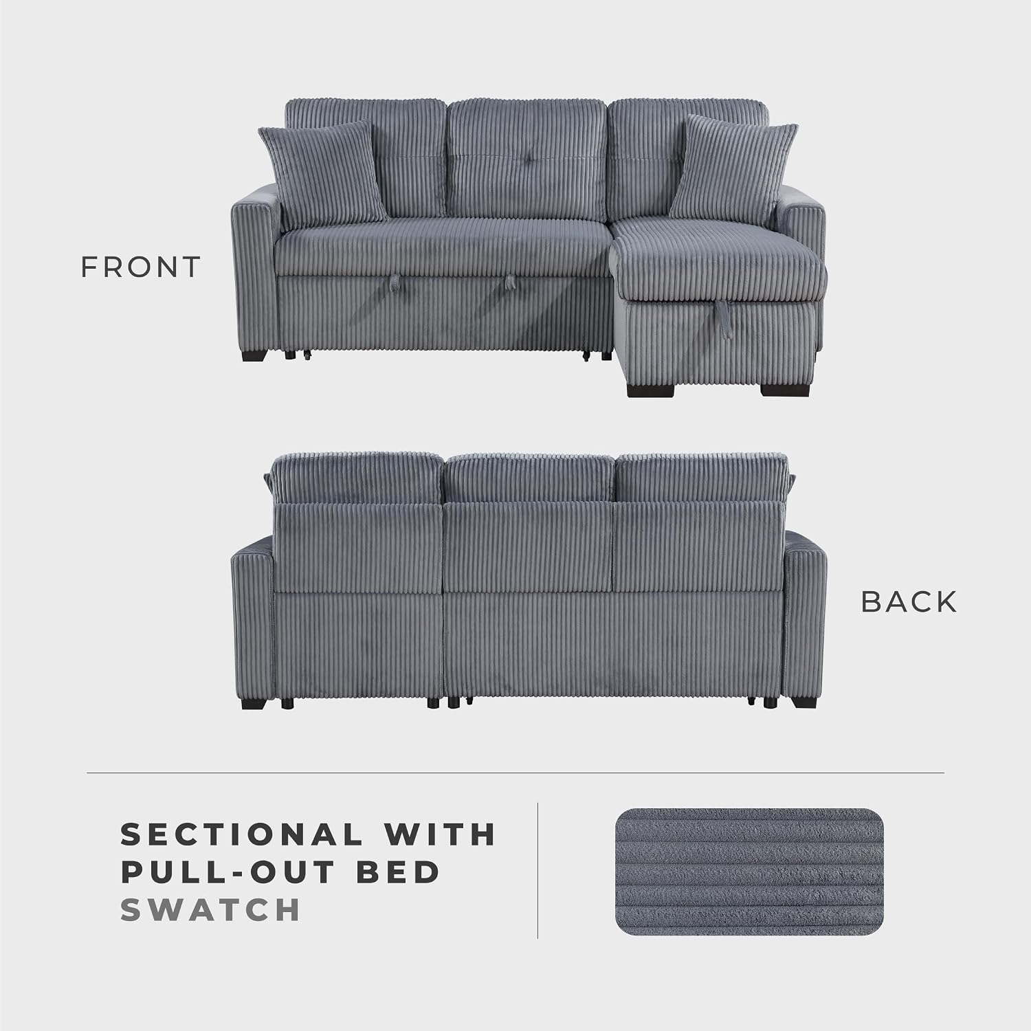 Lexicon Reversible Sectional Couches for Living Room, Corduroy Couch, Convertible L Shaped Sleeper Sectional Sofa with Storage Chaise, Pull Out Sofa Bed, 83.5 inch, Dark Grey