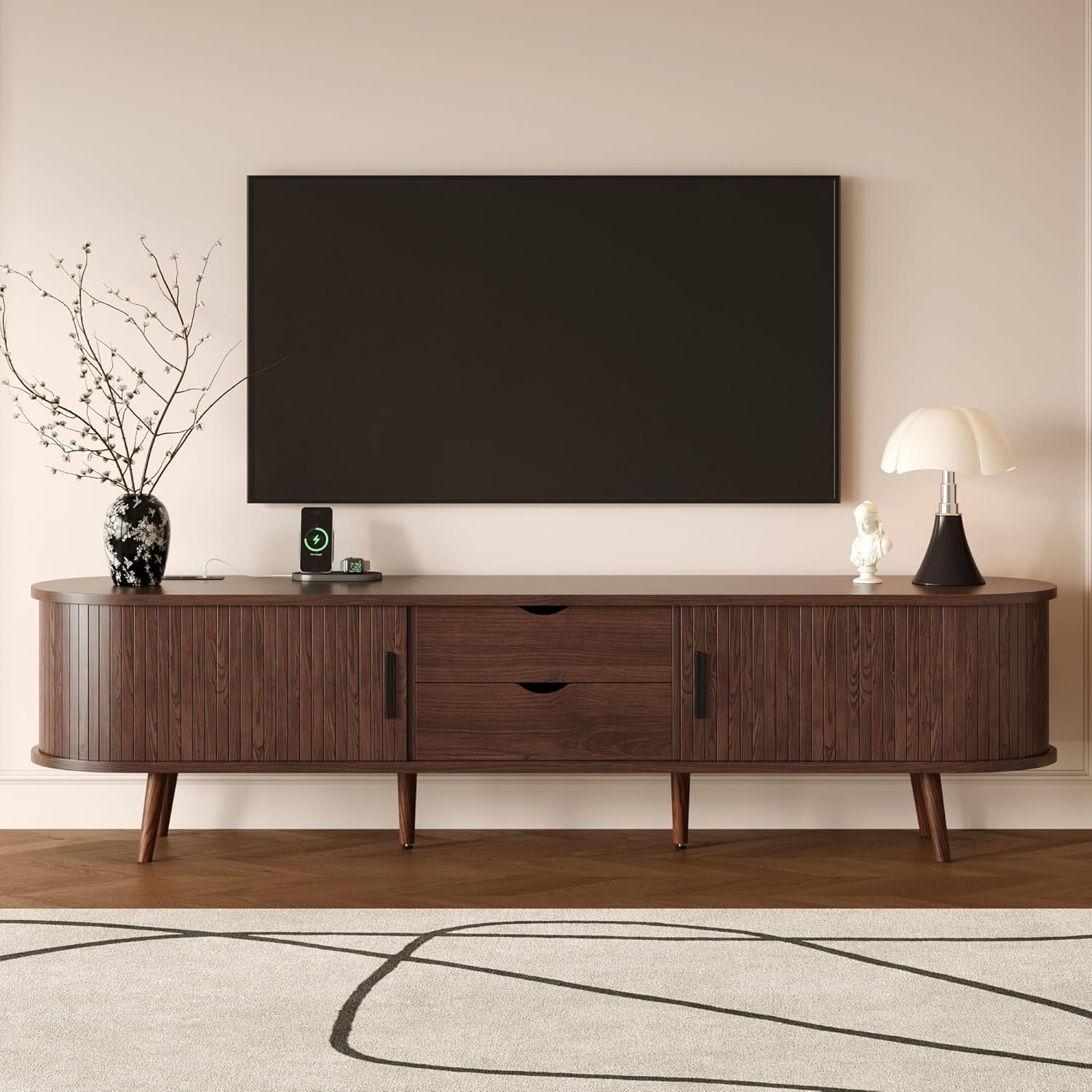 Mid-Century TV Stand with Power Outlet for TVs up to 80", Modern Media Console with Sliding Doors & 2 Drawers, Fluted Entertainment Center with USB Ports for Living Room