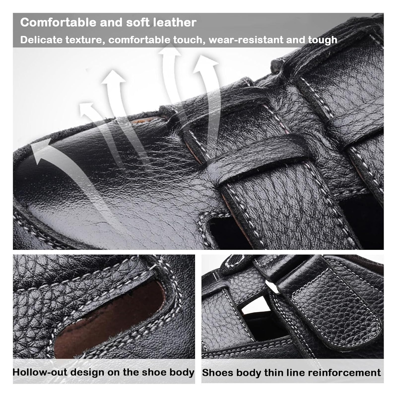 Sandalias huecas para hombre con puntera cerrada, de piel, ligeras, antideslizantes, transpirables, ajustables, para senderismo, informales, caminar, atléticas, para deportes al aire libre