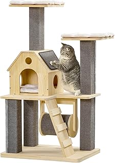 PawHut 49" Cat Tree Kitty Activity Center Wooden Cat Climbing Toy Pet Furniture with Cat Condo Cat Roller Ladder Cushions Sisal Scratching Post Pad, Natural