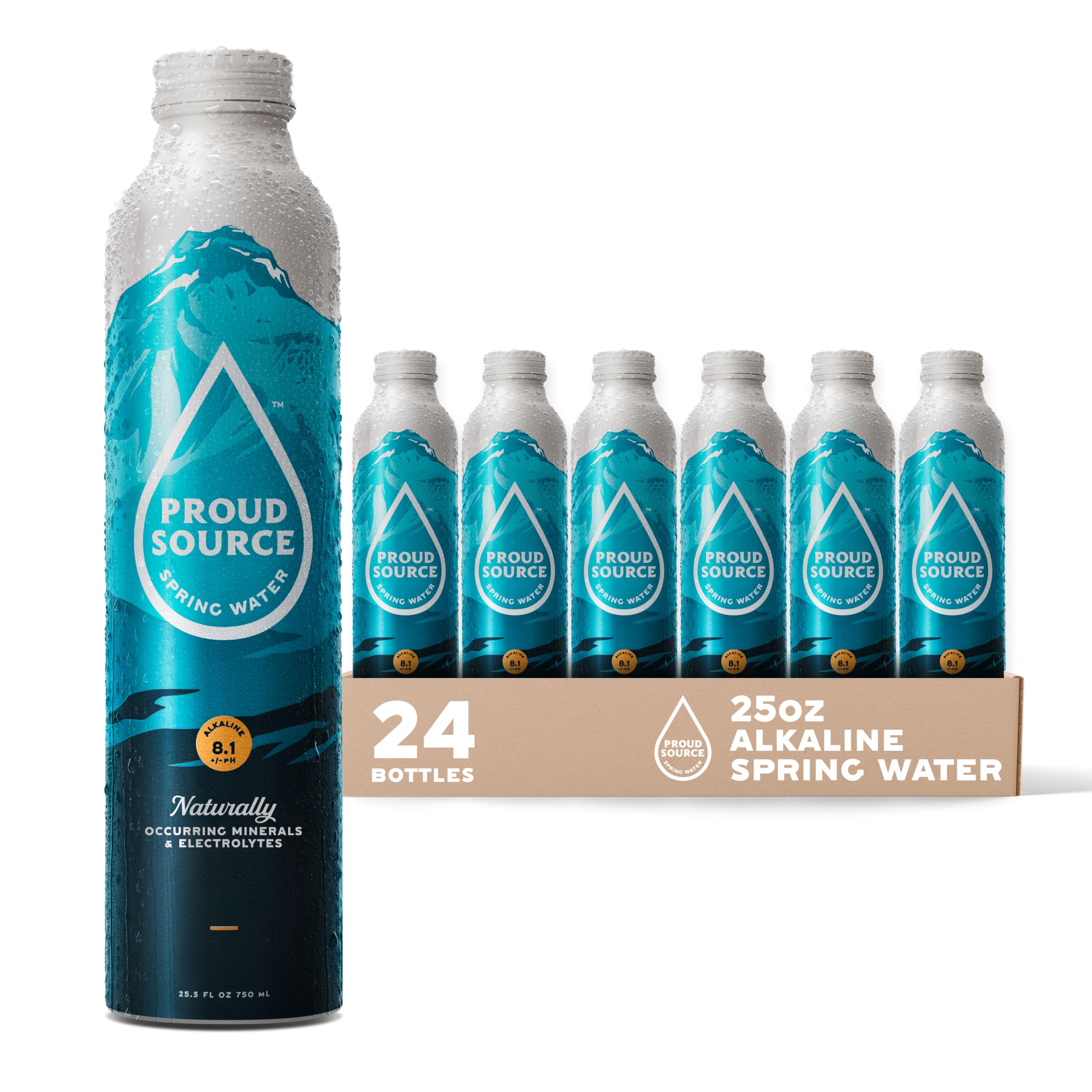 Proud Source Alkaline Spring Water - Rocky Mountain Sourced Mineral Water with Electrolytes, BPA-Free Infinitely Recyclable Aluminum Bottles,