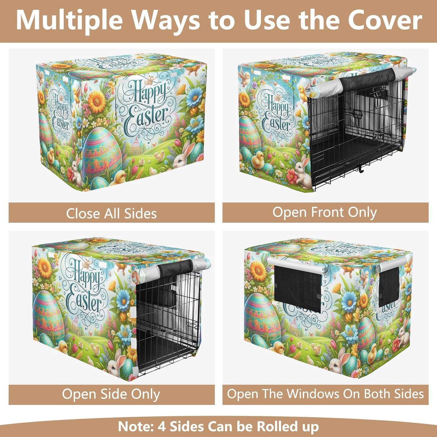 Easter Theme Dog Crate Cover S-XL UV-Resistant Pet Cage Cover with Openings, Reduces Barking, X-Large