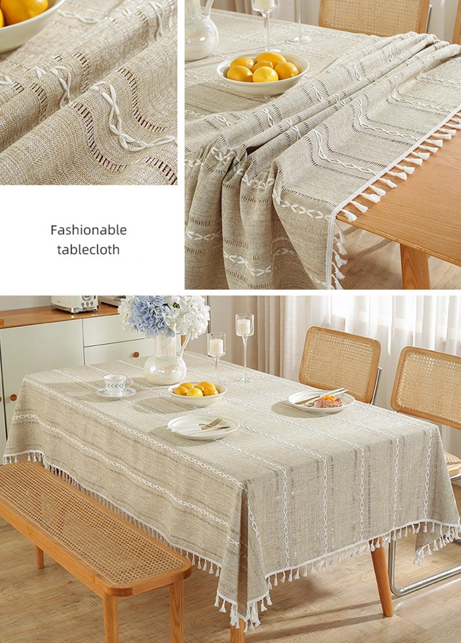 Nappe Table Rectangulaire 140x300 cm, Kaki Clair, Nappe Polyester Motif Rayures Brodées à Franges Style Japonais, Toile de Fond Décoration