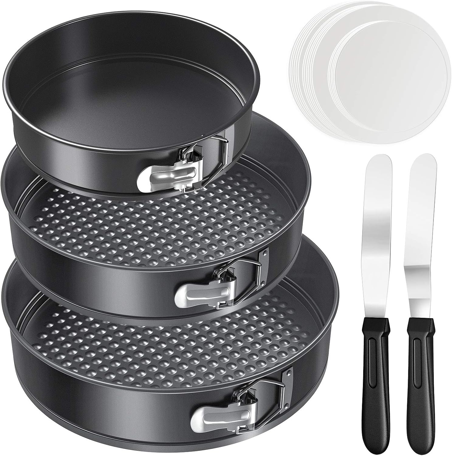 GEEKHOM Springform Pan Set of 3, Nonstick Cheesecake Pans, Leakproof Round Cake Pans for Baking with Removable Bottom, Cake Molds Includes 150 PCS Parchment Paper and Two Spatulas