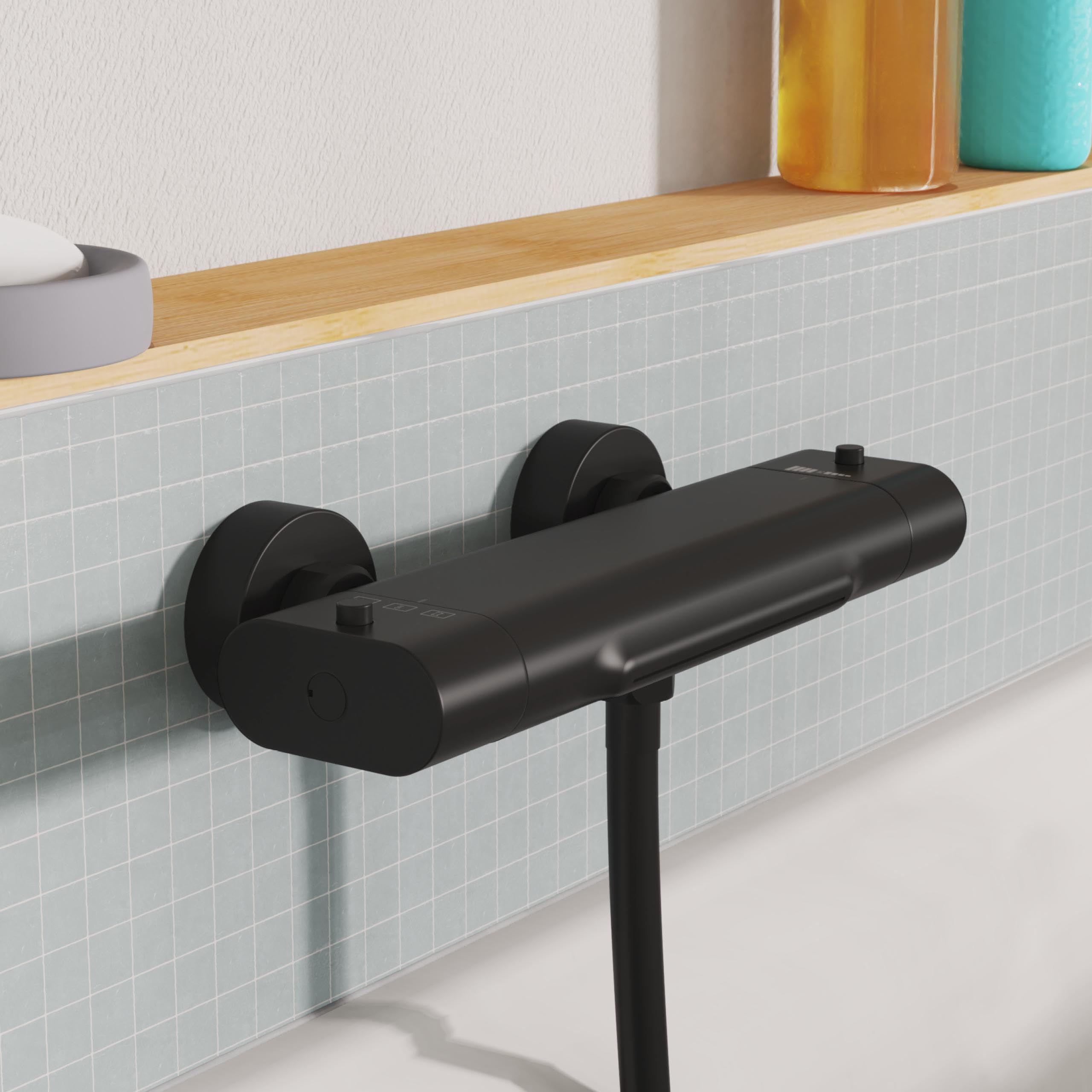 Grifo mezclador para bañera con regulación termostática, negro mate, caño cascada, bloqueo de seguridad 38 °C