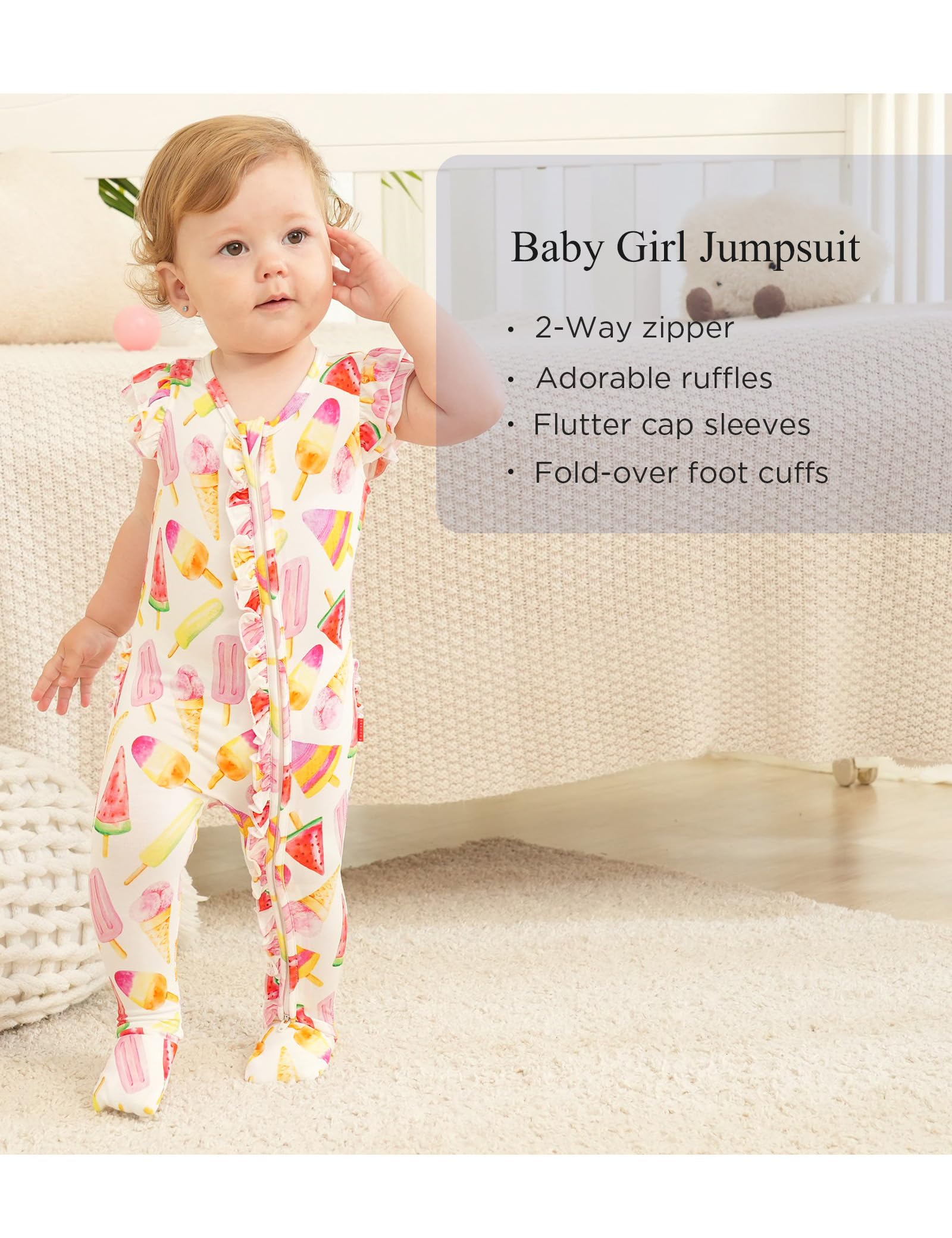 EASWEET Baby Girl Bamboo Viscose Ruffle Romper Zipper Jumpsuit, Footless, Cap Sleeve Infant Clothes, Sweet Ice Cream, 6-12 Months