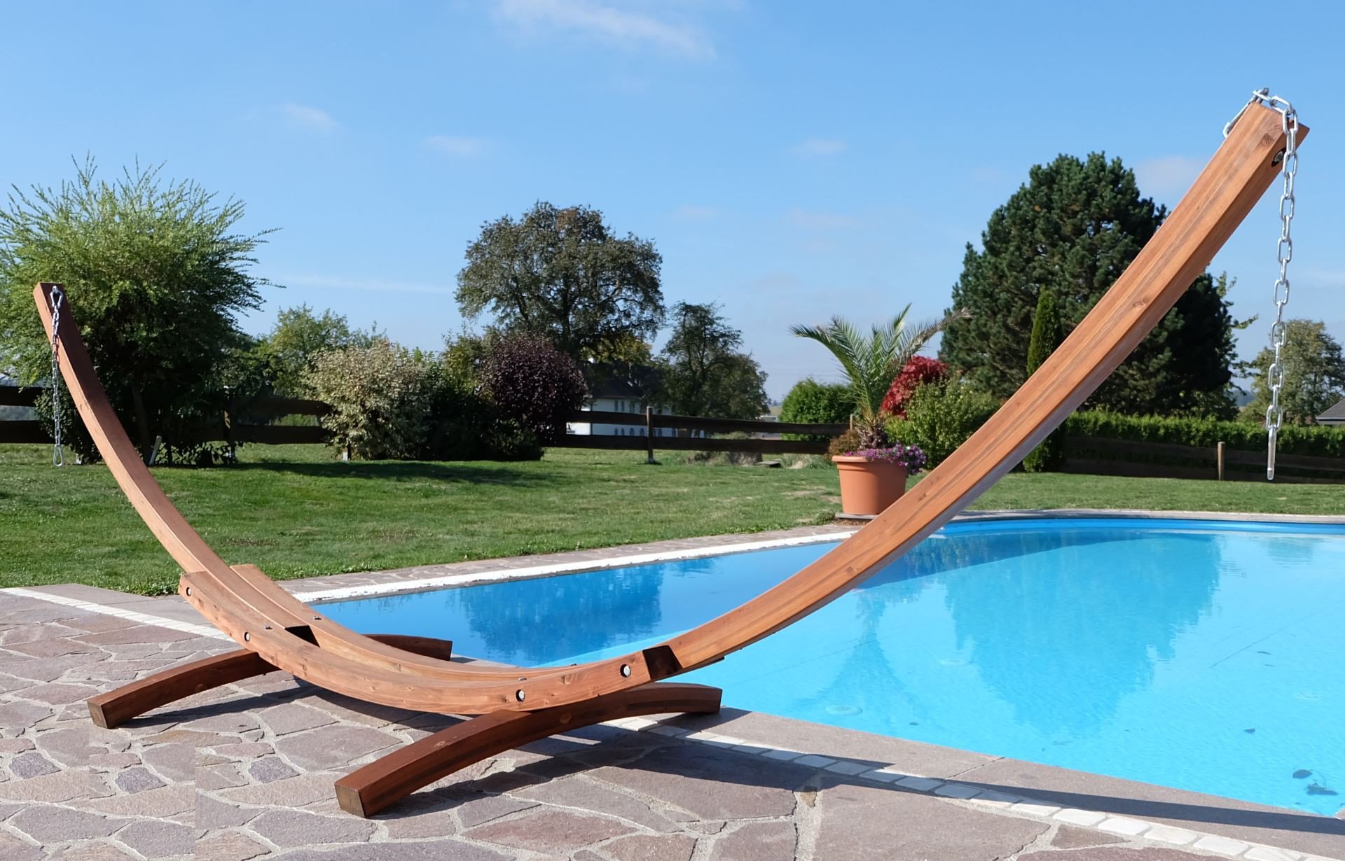 ALEOS. AS-S 410cm XXL Luxus Hängemattengestell Limited Edition Gestell aus Holz Lärche ohne Hängematte Edelstahl Ketten Karabiner und Schrauben