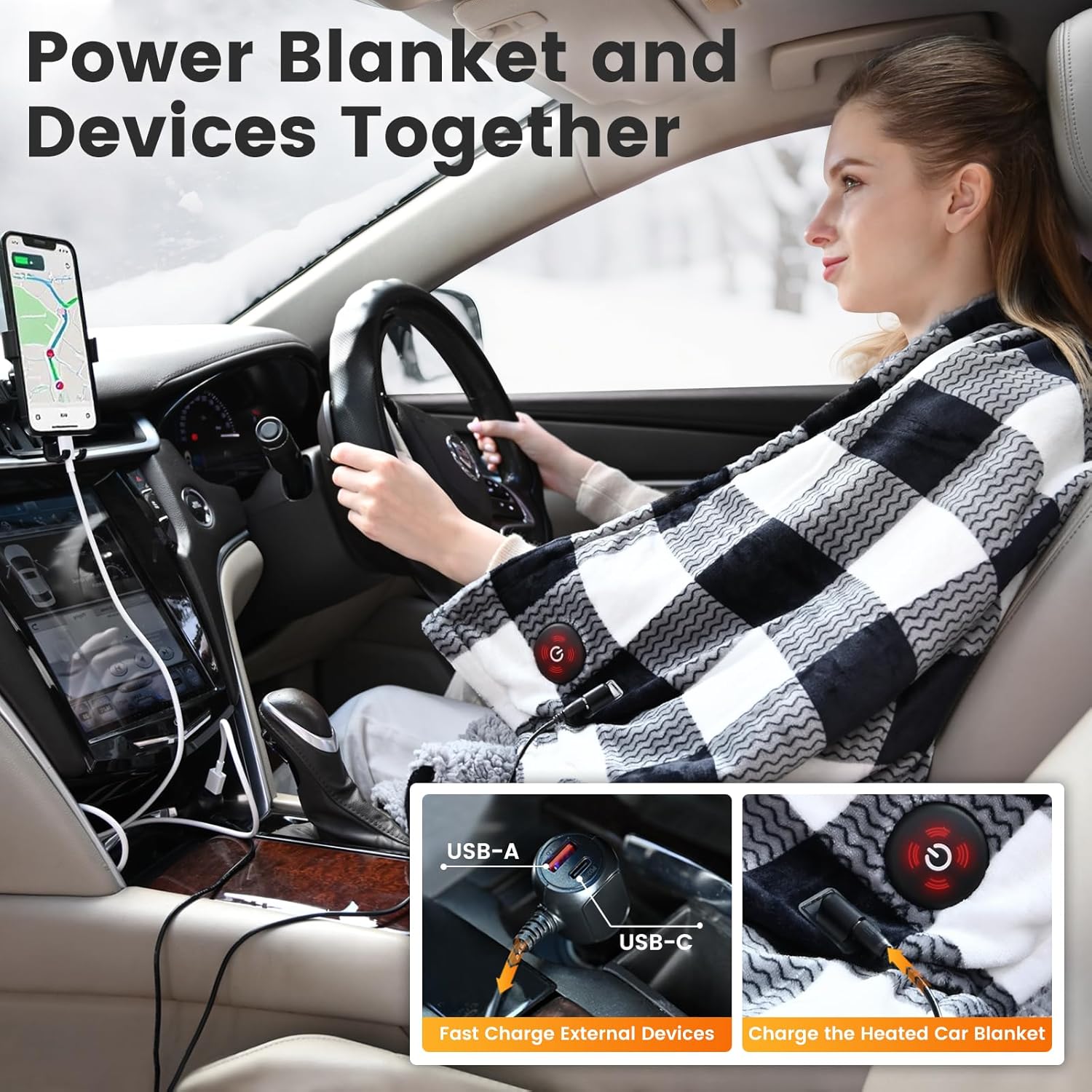 WOOMER Car Heated Blanket, 12-Volt Portable Heated Car Blanket with 4 Heating Levels & 4 Hours Auto Off for Car, Truck, SUV, RV or Camping, Travel, Machine Washable, 59" X 43", Plaid - Image 2