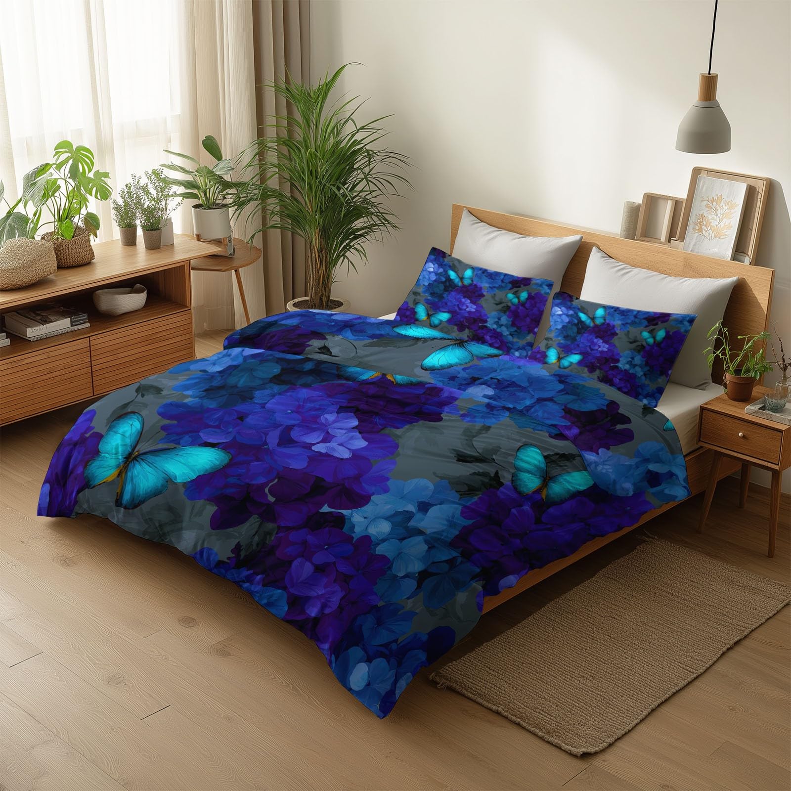 Generico Sztuka cyfrowa Hortensja Butterfly 3-częściowy zestaw poszewek na kołdrę 200 x 200 cm, ciemnoszary nadruk poszwa na kołdrę z zamkiem błyskawicznym i poszewkami na poduszki, poszewka na kołdrę