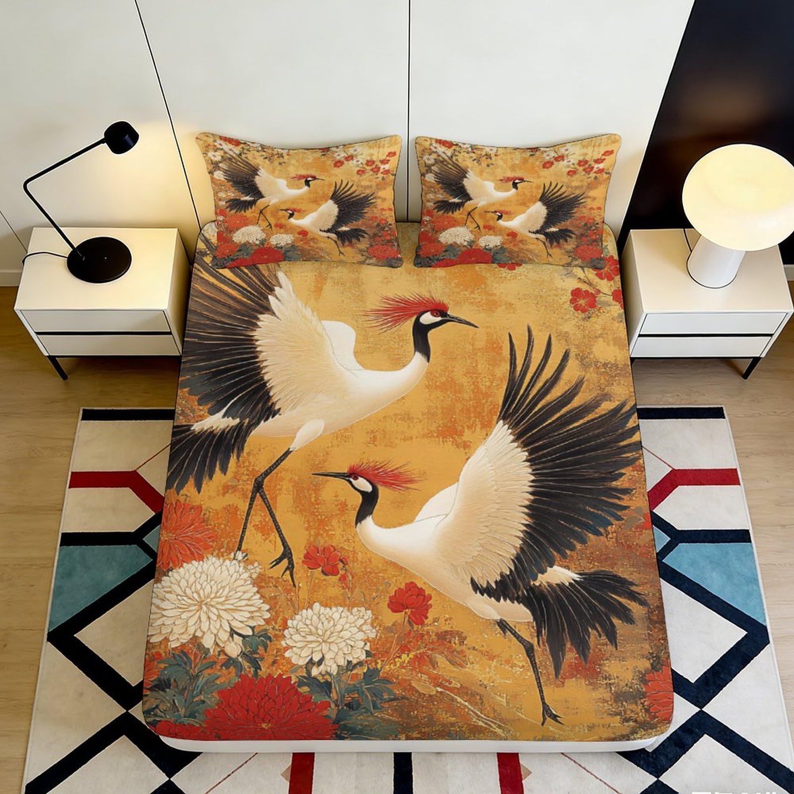 3D Printed Crane Floral Fitted Sheet Microfiber Soft Breathable Oriental Bird Mattress Cover Bedroom Decor 90x200x25cm
