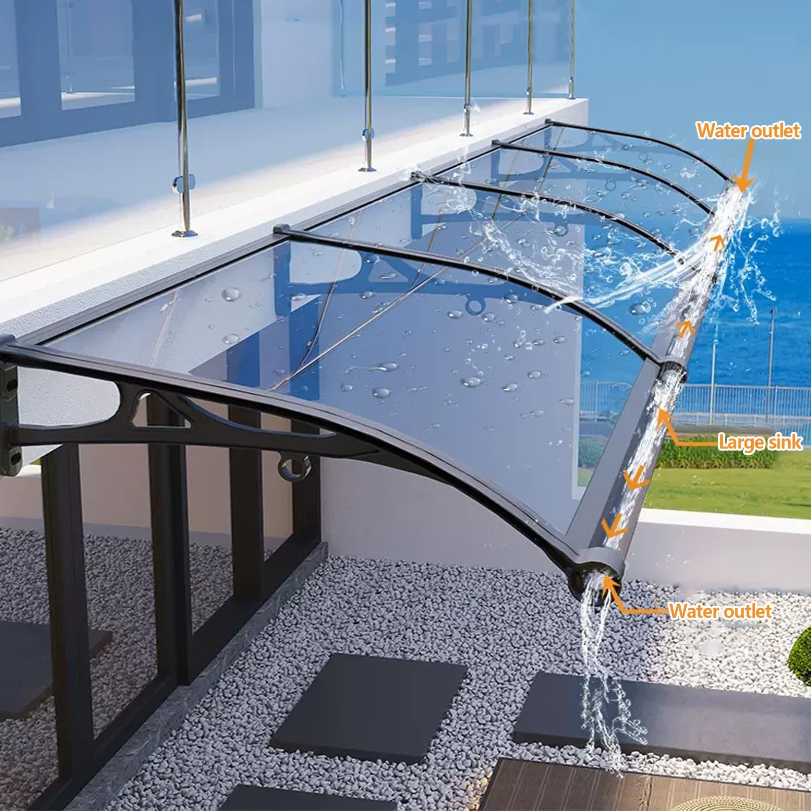 Moderne Außenmarkisen für die Haustür, Markise für den Türeingang mit Aluminiumhalterung, Überhangmarkise für Fenster, Markisen und Vordächer aus Polycarbonat, mit Regenrinnen, UV-Schutz gegen Regen Garten