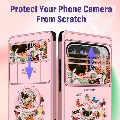 Miniatura 4 de Funermei Funda 2 en 1 para Google Pixel 6A para mujeres, linda funda de mariposa para niñas, diseño único con funda para cámara y soporte de anillo