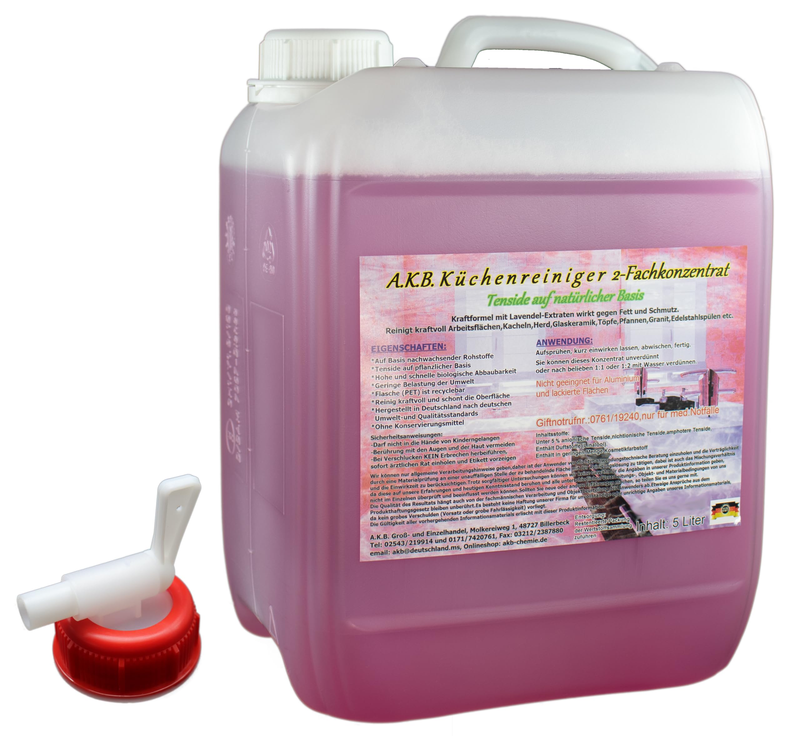 A.K.B. Küchenreiniger, aus natürlichen Tensiden,4805 (5 L 2-Fachkonzentrat + kl.Hahn)