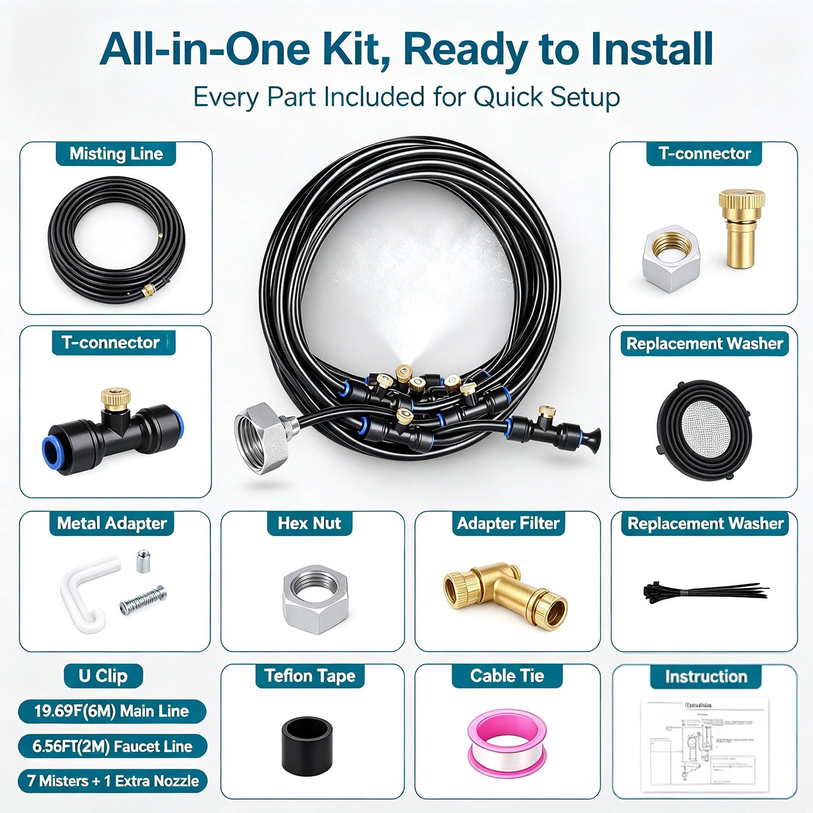 Kit Brumisateur Terrasse Extérieur (12 Mètres / 16 Buses) - Système de Refroidissement par Brumisation avec Raccords Rapides et Buses en Laiton, Brumisateur Eau pour Jardin, Pergola, Parasol