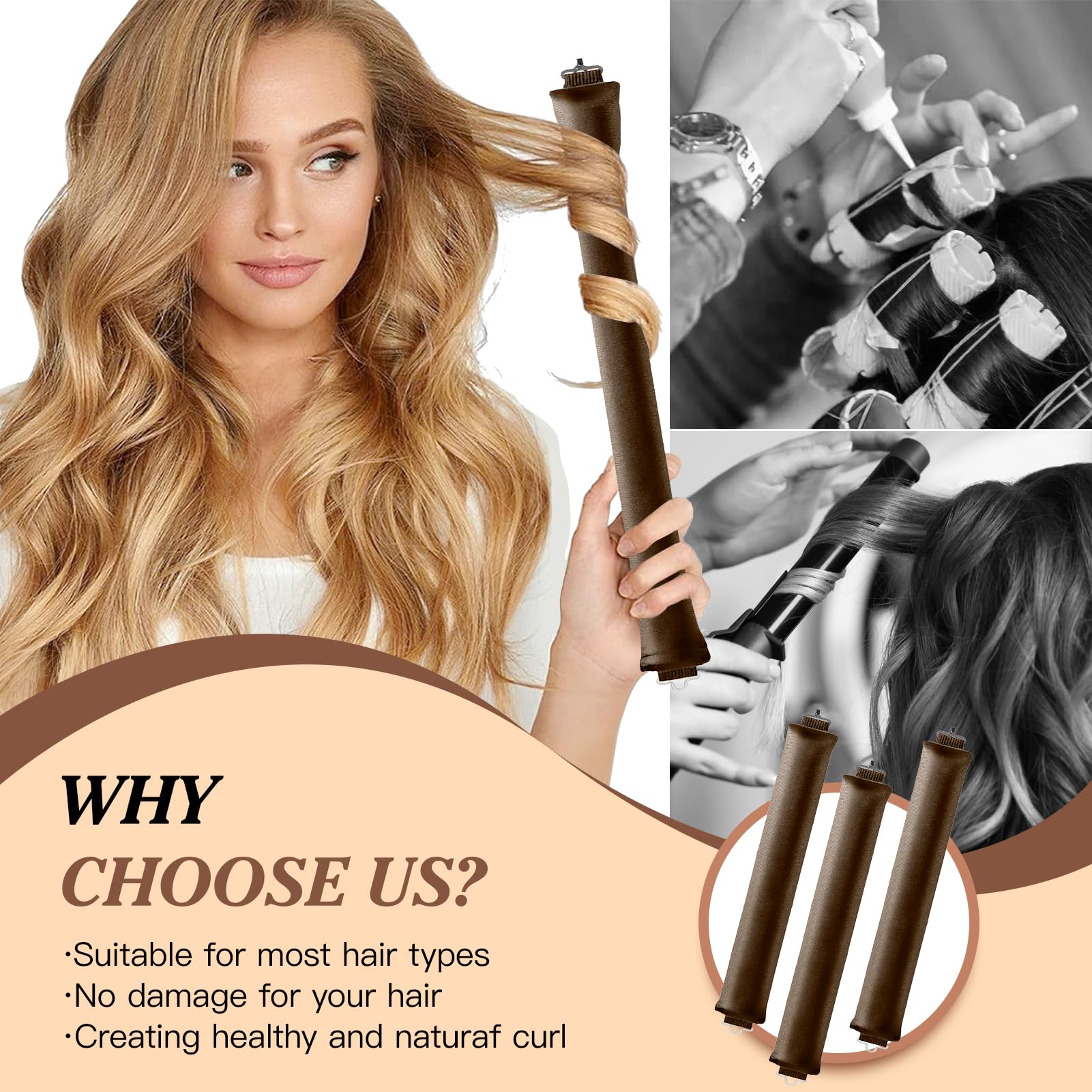 Heatless Curls Band,nowa lokówka do włosów na noc, 3 sztuki, overnight blowout loki bez wysokiej temperatury, do włosów średnich, długich włosów (brązowa)