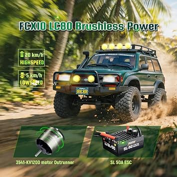 BEEZRC FMS FCX10 1/10 RC Crawler Toyota Licensed OVR Land Cruiser 80, HDR Wheel&Brushless Motor&LED Light, 4WD Off-Road RC Rock Crawler, Hobby Grade Remote Control Truck for Adults, RS Green