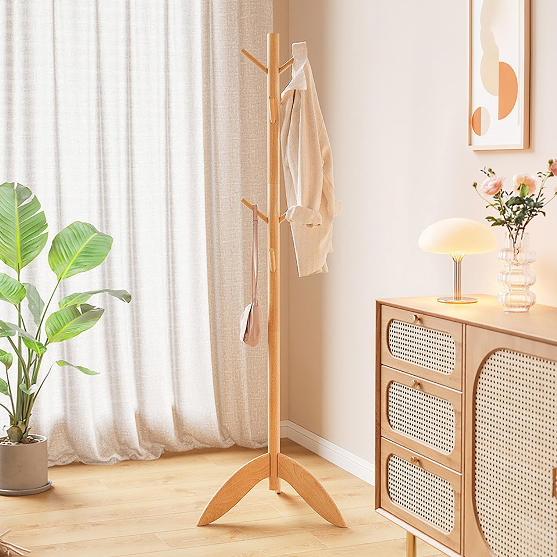 Perchero Independiente De Madera Maciza Incluye Bandeja Y Ganchos Perchero Compacto para Espacios Pequeños Árbol De Recibidor Multifuncional De 178Cm De Altura para Salone,Natural Wood,B