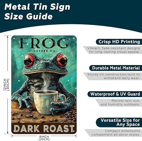 Miniatura 2 de Letrero de metal con temática de café, diseño de rana, arte de pared retro, decoración de cocina, rústico, bar, cafetería, placa de hierro, pintura