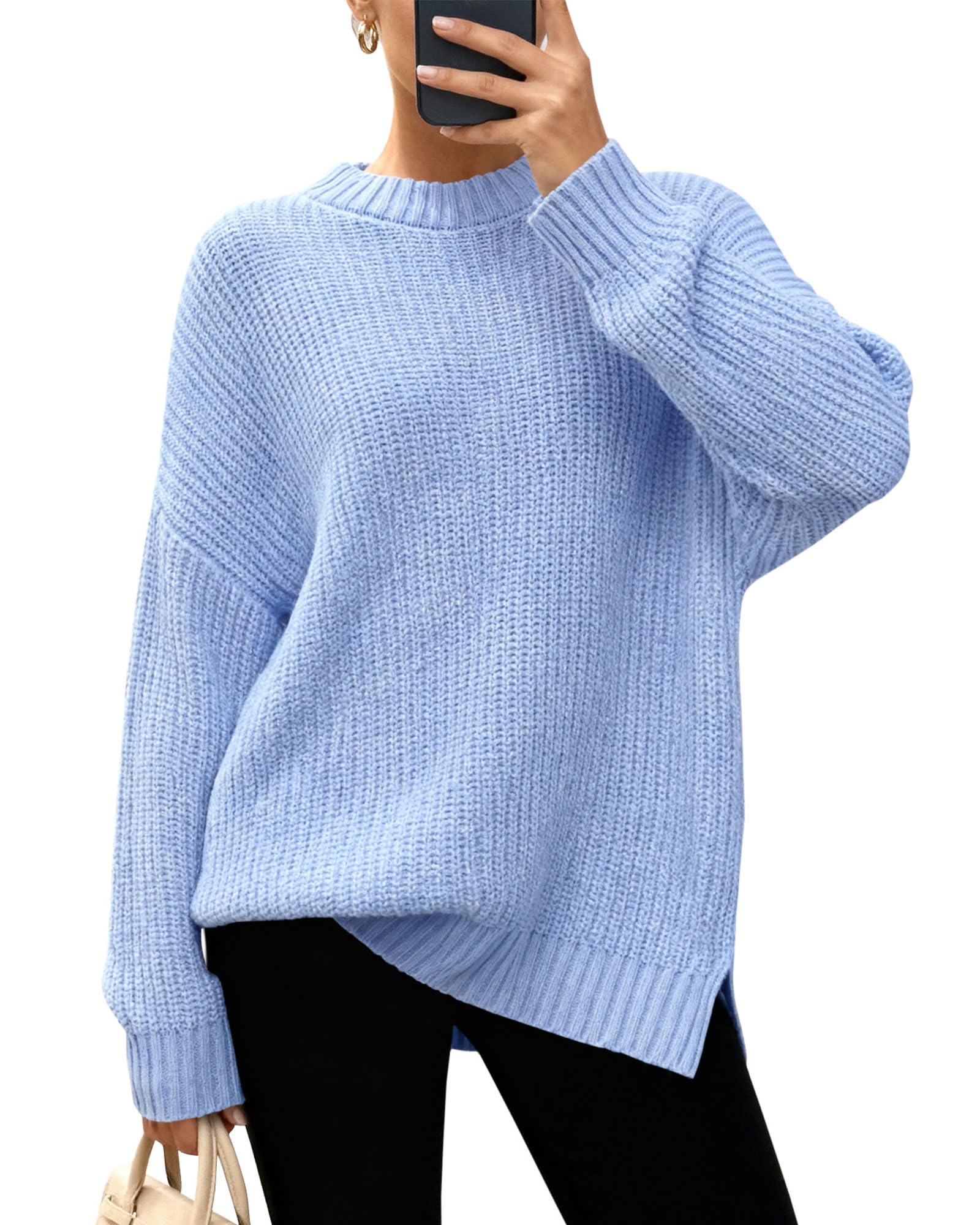 Zenlonr Women Long Sleeve Sweaters 2025 Fall Winter Ribbed Knit Pullover Sweater Casual Loose Crewneck Split Jumper Tops