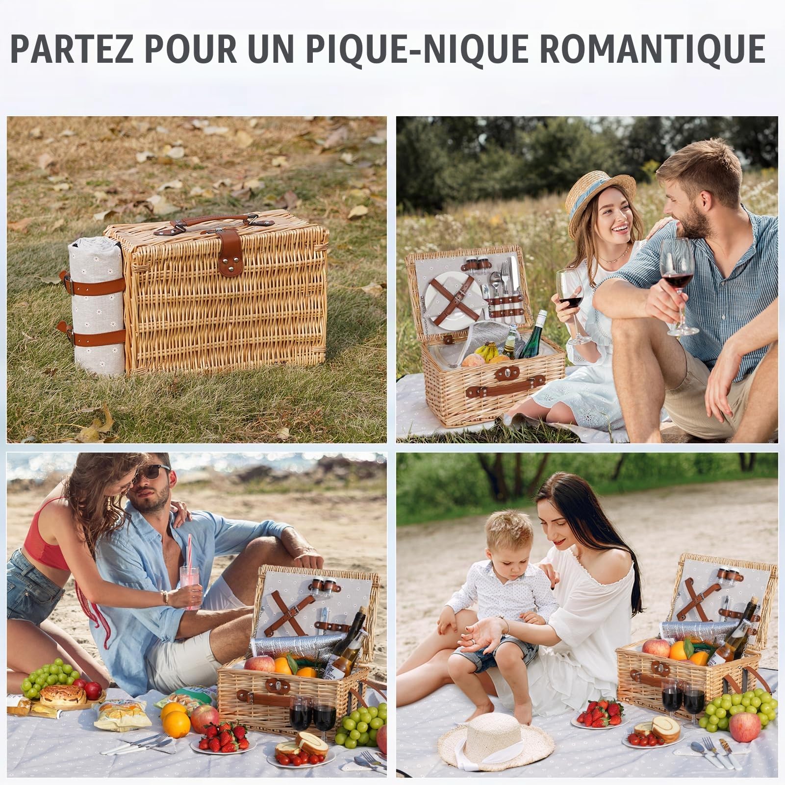 HappyPicnic Lot de 2 paniers de pique-nique en osier avec couverture imperméable et doublure isolante, grand panier en saule fait à la main avec kit de couverts pour l'extérieur, pique-nique, etc