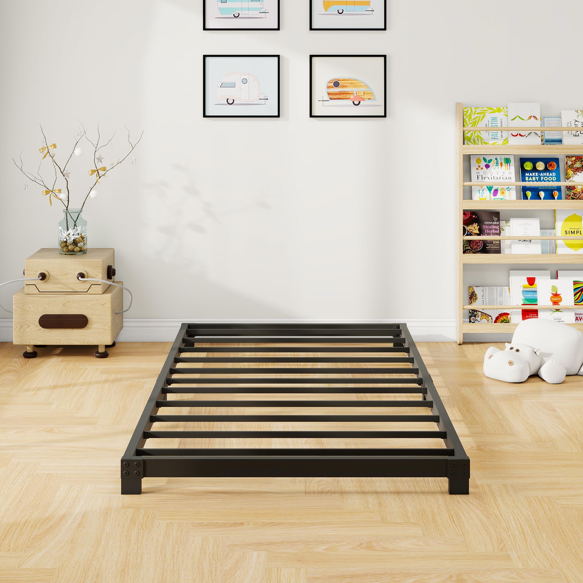 Metallbett 90x200 cm - 8 cm Hoch, Einzelbettgestell aus Metall mit Stahllattenstütze, Einfache Montage, Geräuschlos, Schwarz