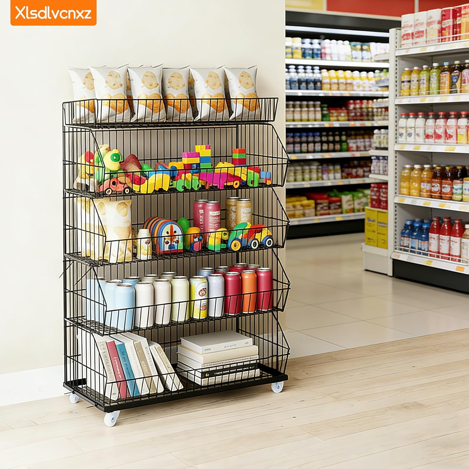 Retail Display Rack, 5 Tier Metal Market Display with Wheels, Fruit Store Storage Shelf Vegetable Snack Basket for Home Store Market (18" D X 35" W X 55" H)